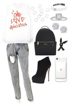 a woman wearing ripped jeans and white shirt with black heels, phone case, handbag, watch bracelets, purse