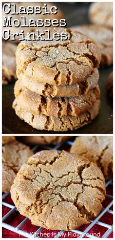 three different views of molasses cookies on a cooling rack