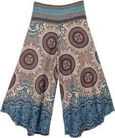 Mystic Chakra Wide Leg Boho Festival Pants with Woven Waist | Beige | Split-Skirts-Pants, Patchwork, Junior-Petite, Misses, High-Low, Yoga, Vacation, Beach, Printed, Bohemian Casual Boho Print Wide Leg Harem Pants, Casual Wide Leg Boho Print Harem Pants, Casual Wide Leg Pants With Boho Print, Rayon Wide Leg Harem Pants With Elastic Waistband, Wide Leg Rayon Harem Pants With Elastic Waistband, Cotton Wide Leg Pants With Boho Print, Cotton Wide-leg Pants With Boho Print, Bohemian Wide-leg Pants With Elastic Waistband, Bohemian Ankle-length Bottoms With Elastic Waistband