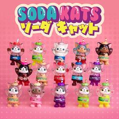 there are many small toy animals in the photo on this pink background with words that say soda kots