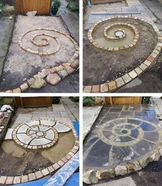 four different pictures of an outdoor area with stone and brick designs on the ground, in various stages of construction