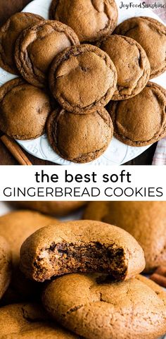 the best soft and chewy gingerbread cookies are stacked on top of each other