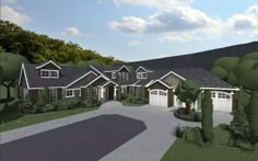 this is an artist's rendering of the front of a house with trees and shrubs