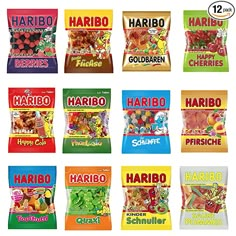 various flavors of hardo candy are shown in this image, with the names on them