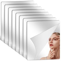 a woman with her hand on her face next to a set of six blank cards