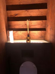 a toilet in a small wooden room with sunlight coming through the window and wood paneling on the walls