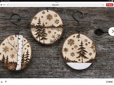 three wooden ornaments with snowflakes and trees on them are hanging from the wall