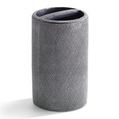 a black and white photo of a grey trash can on a white background with the lid open