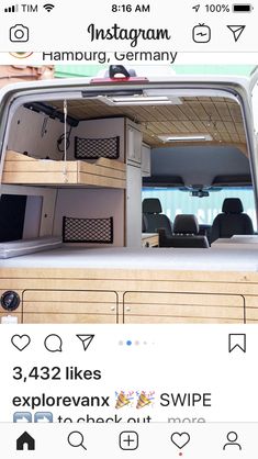 the interior of an instagramr van with shelves and laptops on it's side