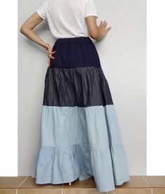 Maxi Long Skirt Ruffle Patchwork Denim Cotton Lightweight image 3 Denim Blue Cotton Patchwork Bottoms, Denim Blue Cotton Bottoms With Patchwork, Spring Cotton Color Block Bottoms, Spring Color Block Cotton Bottoms, High Waist Color Block Cotton Jeans, Casual Color Block Cotton Jeans, Spring Color Block Cotton Jeans, Summer Color Block Cotton Jeans, Indigo Patchwork Cotton Jeans