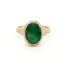 3.52 Ctw Emerald and 0.35 Ctw White Diamond Ring in 14K YG Metal- 3.30 Grams Oval Emerald Ring With Pave Setting For Anniversary, Oval Yellow Gold Halo Ring Gia Certified, Gold Emerald Cut Ring With Pave Setting, Gia Certified Yellow Gold Cluster Ring, Oval Emerald Ring In Yellow Gold With Halo Setting, Elegant Gia Certified Yellow Gold Halo Ring, Gia Certified Oval Yellow Gold Wedding Ring, Oval Halo Ring With Diamond Accents In Yellow Gold, Formal Yellow Gold Emerald Ring With Pave Setting