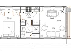 the floor plan for a small cabin with two bedroom and an attached living room area