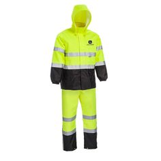 Keep yourself dry and protected from the elements with the John Deere High Visibility Rain Suit. The John Deere rain jacket and bibs is a blend of polyoxford and polyurethane that provides a great waterproof and breathable performance. It is a great looking suit for every outdoor activity. Size: large. Color: High Visibility Yellow. Gender: male. Age Group: adult. Rain Suits, Rain Suit, Reflective Tape, Rain Gear, Outdoor Activity, Black Bottoms, Rain Wear, John Deere, Bibs