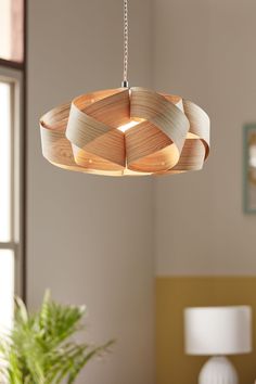 a wooden light fixture hanging from a ceiling in a room with a potted plant