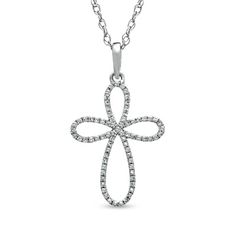 1/7+CT.+T.W.+Diamond+Looped+Cross+Pendant+in+Sterling+Silver Local Jewelry, Diamond Cross, Sparkle Diamonds, Rope Chain, Diamond Stone, White Metal, Jewelry Store, Necklace Designs, Spring Rings