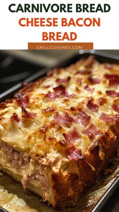 a cheesy bacon bread on a baking sheet with the title text overlay