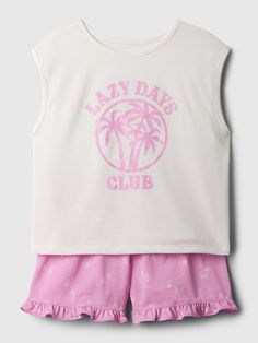 Kids Recycled PJ Shorts Set | Gap Casual Short-sleeve Gap Tops, Summer Graphic Print Sleepwear For Pajama Party, Summer Sleepwear With Graphic Print For Pajama Party, Playful Cotton Tank Top For Loungewear, Casual Gap Sleep Top, Casual Sleep Tops By Gap, Casual Gap Tops For Sleep, Playful Sleeveless Summer Sleepwear, Sleeveless Sets For Sleepover In Summer