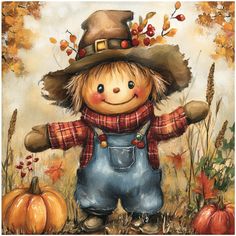 a painting of a scarecrow wearing a hat and overalls with pumpkins in the background