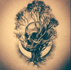 a drawing of a tree with a skull on it