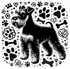 a black and white silhouette of a dog surrounded by paw prints, hearts, and bones