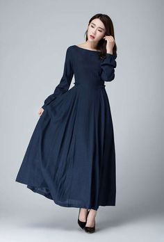 Ruffle Dress Long, Lakaran Fesyen, Dark Blue Dress, Dress Pleated, Maxi Dress Prom, Dress Linen, Fall Dress, Maxi Robes, Linen Maxi Dress