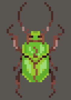 an image of a pixellated insect in the style of pixels, with brown and green colors