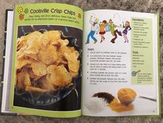 an open children's book with pictures of chips and other foods on the page