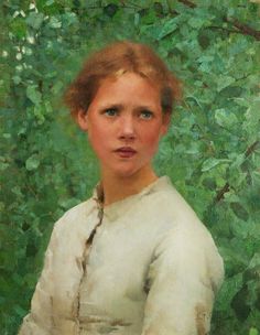 a painting of a woman in white dress standing next to green bushes and trees with blue eyes