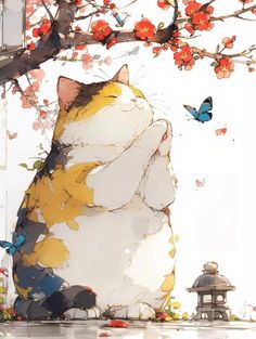 a cat sitting on the ground next to a tree with flowers and butterflies flying around