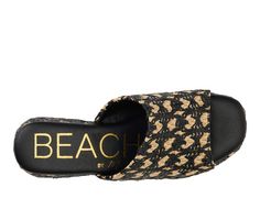 Vegan Woven Jute Raffia upper, Slip on for easy entry,2.75\ woven jute raffia platform / demi wedge heel, Open square toe, Lightly padded footbed, Man made outsole, One band upper design | Women's Beach by Matisse Cruz Platform Wedge Sandals in Black Size 9 Vacation Platform Wedge Slides, Beach Platform Sandals In Textile, Beach T-strap Platform Sandals, Platform Sandals For Beach, Synthetic Material, Beach Wedge Sandals With Open Heel And Cork-bed Midsoles, Black Wedge Sandals, Woman Beach, Platform Wedge Sandals, Platform Wedges