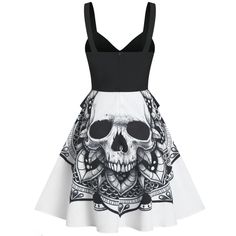 This Gothic-inspired dress features a striking skull print, setting a darkly enchanting tone. Its peplum flounce and A-line cut add a touch of elegance, perfect for those who embrace the macabre with a sense of style.• Gothic skull print• Contrast peplum flounce• Cami straps• A-line silhouette• Medium size (6)Bust: 34.25”, Waist: 30.31”, Length: 37.4” Punk Style Skull Print Summer Dress, Punk Skull Print Dresses For Halloween, Punk Style Skull Print Dress For Halloween, Punk Style Dresses With Skull Print For Halloween, Sleeveless Skull Print Party Dress, Sleeveless Summer Dresses With Skull Print, Fitted Gothic Dress With Skull Print, Black Skull Print Dress For Party, Punk Black Dress With Skull Print