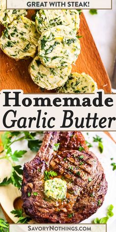 This homemade Garlic Herb Butter is easy to make and tastes delicious with steak, grilled chicken or with pasta. Seasoned with fresh herbs, garlic and lemon zest, it combines all of the best flavors you want in a compound butter! | #bbqrecipes #garlicbutterrecipes #memorialdayrecipes Butter And Garlic Steak, Garlic Butter Compound, Garlic Butter Compound For Steak, Homemade Garlic Butter For Steak, Steak With Herb Butter, Garlic Butter For Steak Easy, Steak And Garlic Butter, How To Make Steak Butter, Herbed Garlic Butter