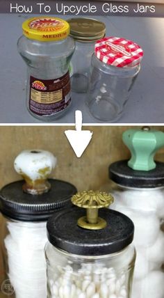 two jars filled with white cotton balls and one has an open lid that says how to upcycle glass jars