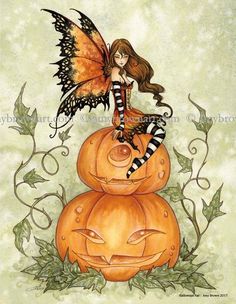 a fairy sitting on top of two pumpkins with a butterfly flying over the top