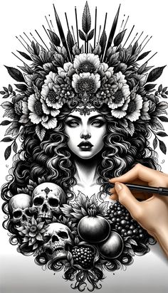 Goddess Persephone Tattoo, Oracle Tattoo, Persephone Tattoo, Goddess Persephone, Trippy Designs, Goddess Tattoo, Dark Tattoo, Greek Goddess