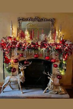 a fireplace decorated for christmas with red and gold decorations