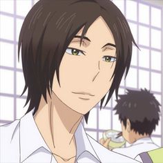 an anime character with black hair and green eyes looking at the camera while another person stands behind him