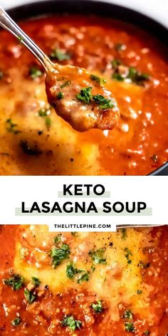 a spoonful of keto lasagna soup in a skillet with the title above it