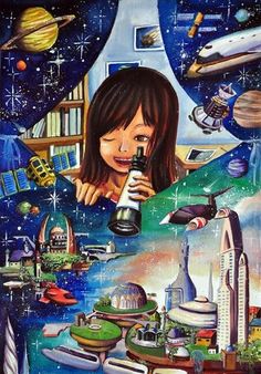 a painting of a girl holding a telescope looking at the stars and planets above her