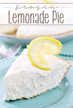 a slice of lemon pie on a blue plate