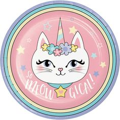 a pink plate with a white cat wearing a unicorn horn and stars on it's head