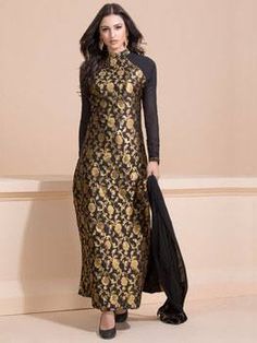 VIBRANT BLACK DESIGNER WITH EMBROIDERY ARE HERE TO ACCENTUATE YOUR FESTIVE STYLE. Brocade Dress Indian, Gold Brocade Dress, Eid Look, Indian Salwar Suit, Bollywood Dress