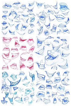 a drawing of different types of teeth and mouths in blue, red, and white