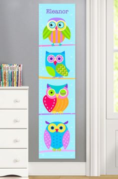 Personalized Canvas Growth Chart with colorful owls Canvas Growth Chart, Wall Growth Chart, Crib Comforter, Kids Growth Chart, Owl Kids, Growth Charts, Owl Canvas, Placemats Kids, Colorful Owls