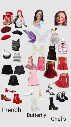 there are many different types of clothes and shoes on this page with the caption french butterfly chef's