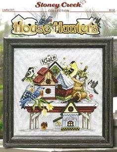 a cross stitch pattern for a house with birds on it