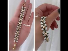 two pictures of a woman's hand holding a gold and white beaded bracelet