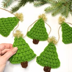 crocheted christmas tree ornaments hanging on a branch with pine cones in the middle