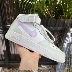 Lilac and Gray Custom Air Force 1 Low/Mid/High Sneakers. -Our current processing time is 3-4 weeks. We try hard to deliver as fast as we can. The best things are worth the wait. -Size Guide- C (Child) Y (Youth) W (Women) M (Men.) -Exactly as shown in the picture. -Lace Locks included. -Anti Crease Protector Included. -Applied Special Acrylic Paint for Shoes and Finisher for more Durability. -Waterproof and flexible. -Made in the US. -100 % Authentic Air Force 1 Sneakers. -Perforated toe cap for Paint For Shoes, Crease Protector, Air Force One Shoes, Air Force 1 Sneakers, Painted Nikes, Custom Painted Shoes, Air Force 1 Mid, Unique Sneakers, Air Force 1 Custom