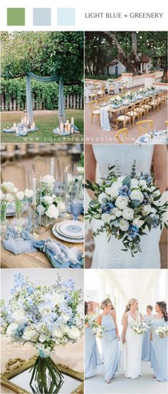 blue and white wedding color palettes for the bride's bouquet, flowers, and table settings